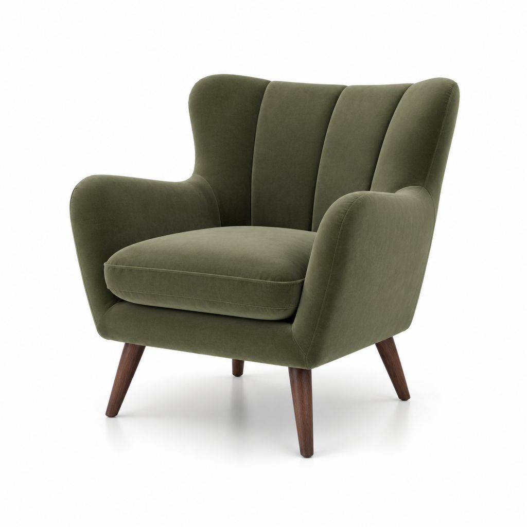 Fauteuil bergère vert olive en velours de polyester avec pieds en bois massif 80 x 86 x 103 cm