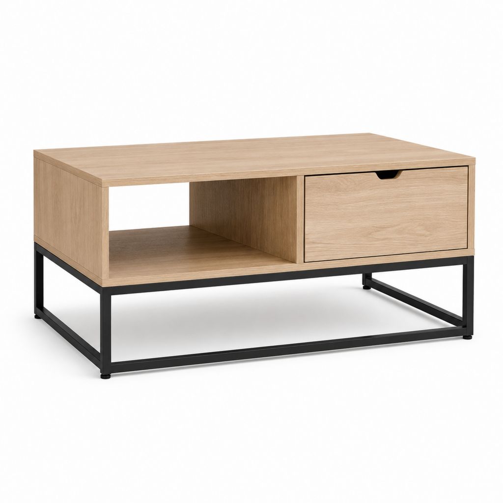 Table basse rectangulaire chêne clair et noir en panneaux de particules 100 x 50 x 45 cm avec tiroir et niche