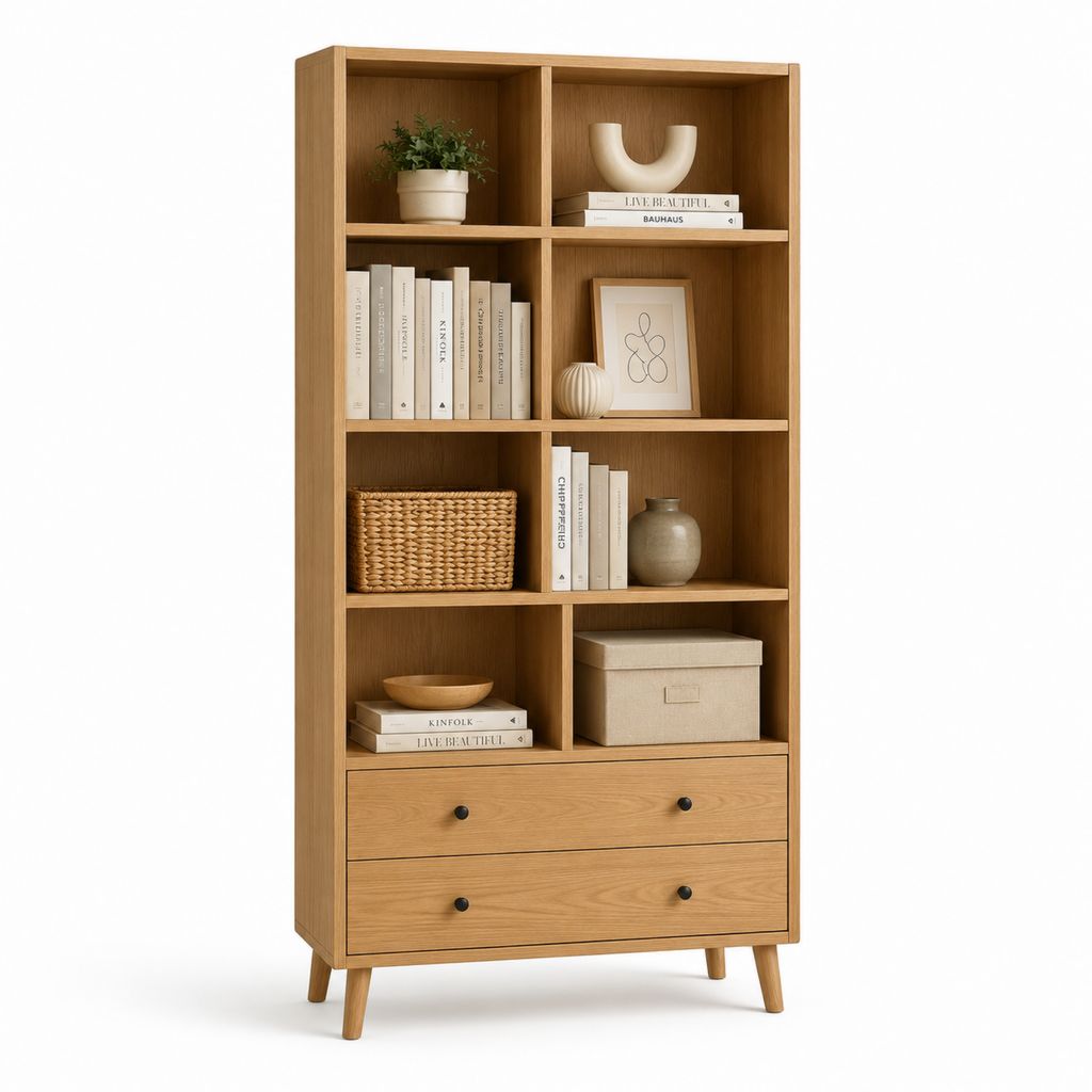 Bibliothèque avec 2 tiroirs en panneaux de particules décor chêne 90 x 35 x 180 cm