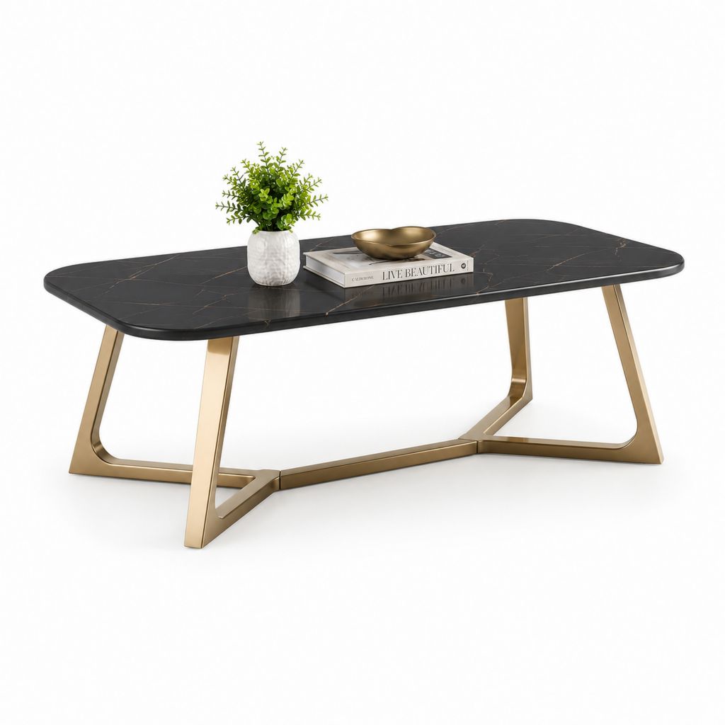 Table basse rectangulaire noire effet marbre en verre trempé et acier inoxydable doré 120 x 60 x 45 cm