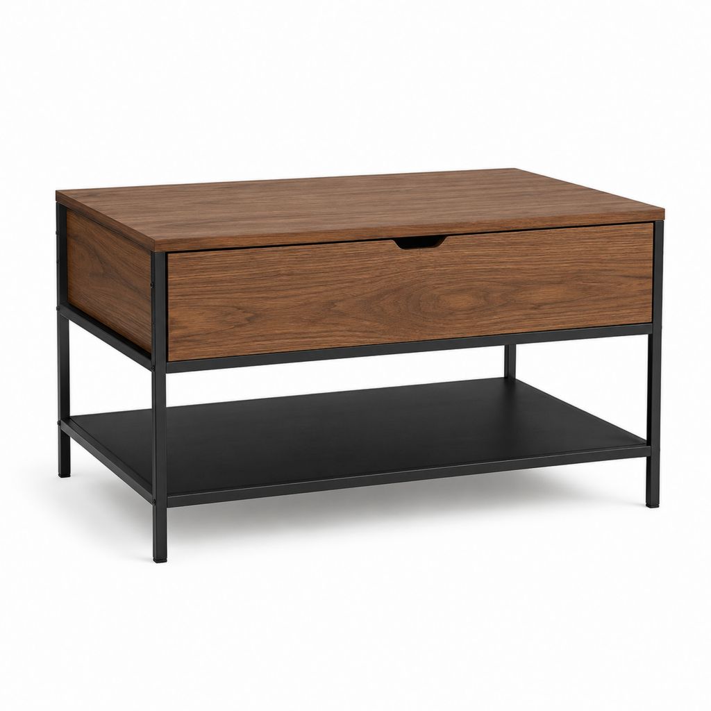 Table basse avec tiroir et étagère marron noyer et noir en panneaux MDF acier 100 x 60 x 45 cm
