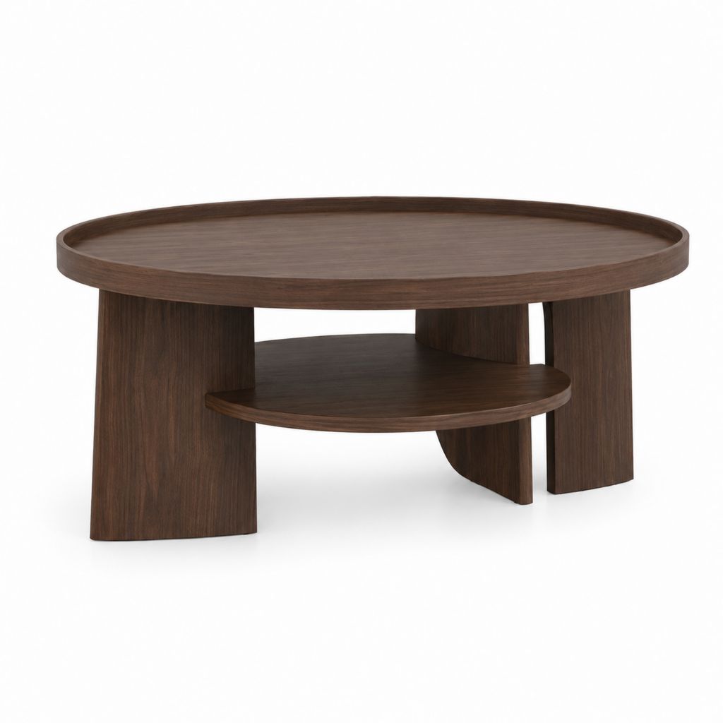 Table basse ronde noyer en MDF mélaminé avec plateau et étagère Ø90 x H45 cm