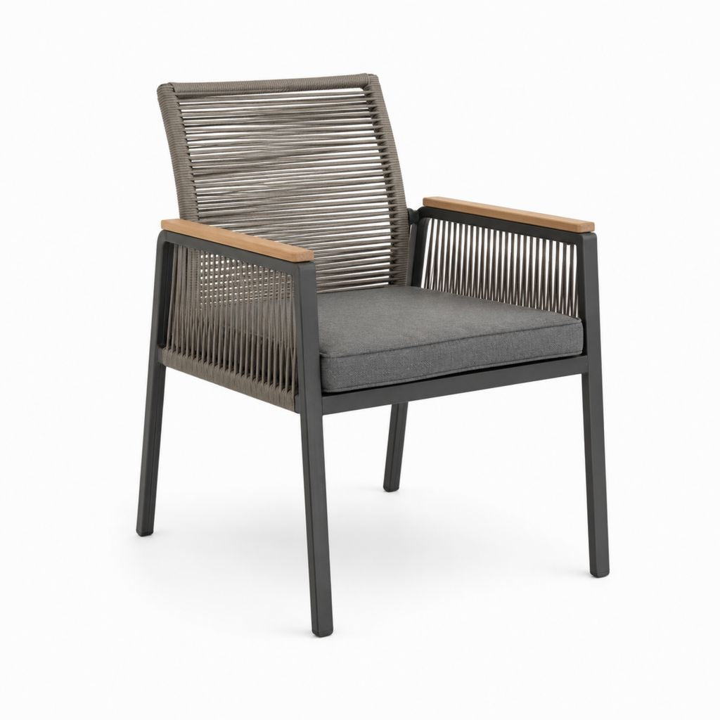 Fauteuil de jardin gris en aluminium avec corde polyester et accoudoirs en acacia 62 x 68 x 88 cm