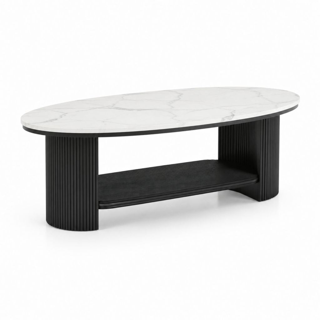 Table basse ovale blanche et noire en pierre frittée et MDF 120 x 60 x 42 cm