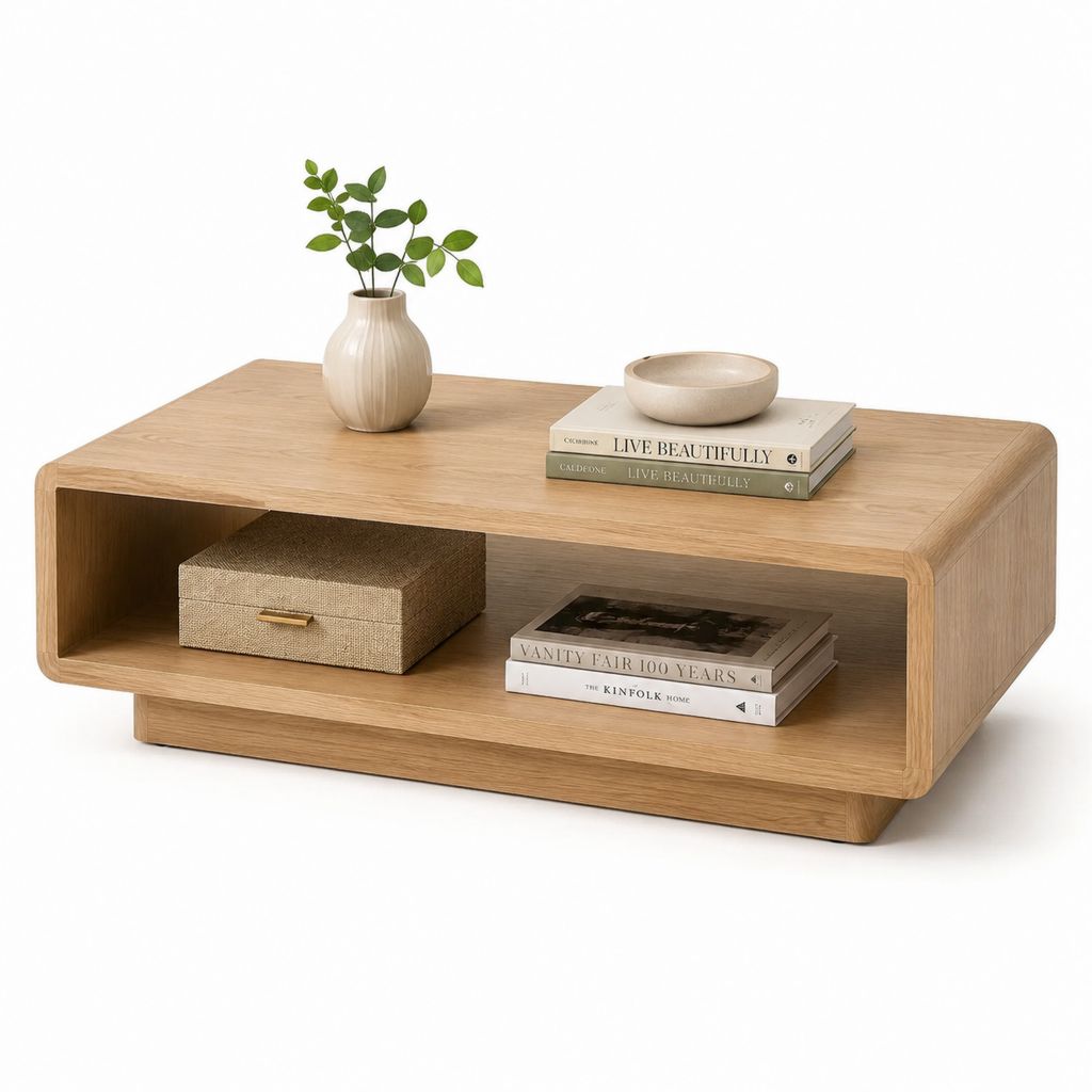 Table basse rectangulaire chêne clair en panneaux MDF plaqués chêne avec rangement ouvert 100 x 60 x 40 cm
