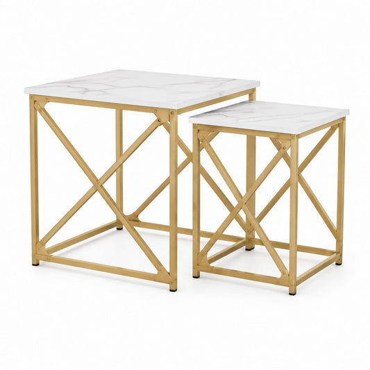 Lot de 2 tables basses gigognes carrées blanches et dorées en MDF et acier 60 x 60 x 60 cm et 50 x 50 x 50 cm