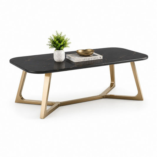 Table basse rectangulaire noire effet marbre en verre trempé et acier inoxydable doré 120 x 60 x 45 cm