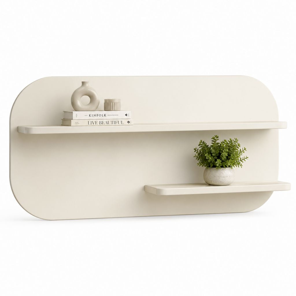 Étagère murale de salon blanc cassé en panneau MDF forme arrondie 100 x 50 x 15 cm avec 2 tablettes