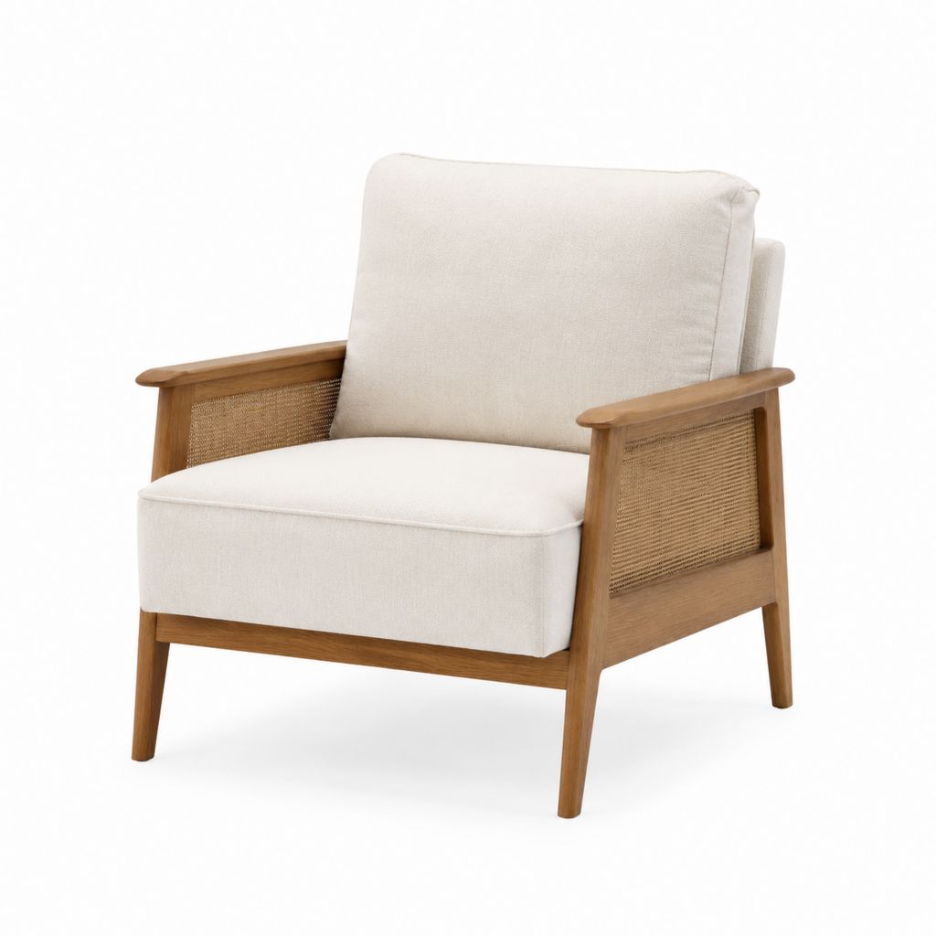 Fauteuil de salon beige en polyester et bois massif avec cannage 72 x 80 x 84 cm