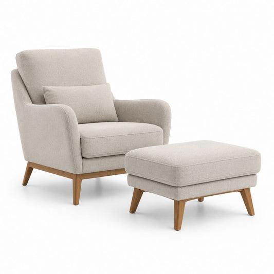 Fauteuil avec repose-pieds beige en polyester et hévéa massif 82 x 88 x 94 cm