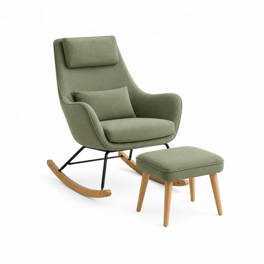 Fauteuil à bascule avec repose-pieds vert en polyester pieds en bois massif 68 x 96 x 102 cm