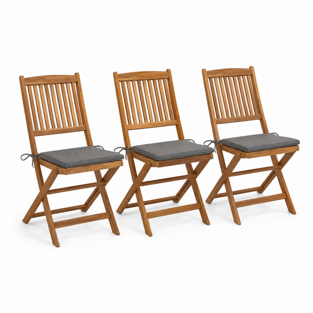 Lot de 3 chaises de jardin pliantes marron en bois massif d'acacia avec coussins gris 46 x 62 x 89 cm