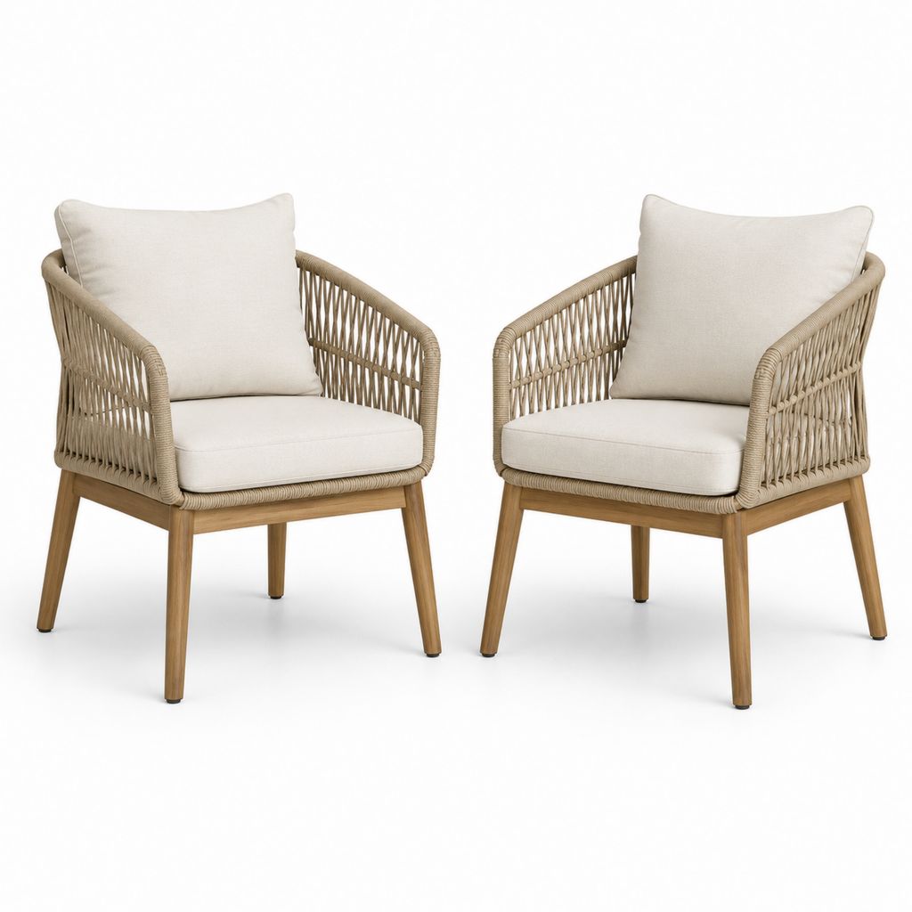 Lot de 2 fauteuils de jardin beige en corde PE et bois massif 63 x 65 x 75 cm