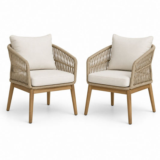 Lot de 2 fauteuils de jardin beige en corde PE et bois massif 63 x 65 x 75 cm
