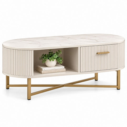 Table basse ovale blanche effet marbre en MDF et acier 120 x 60 x 45 cm avec rangement