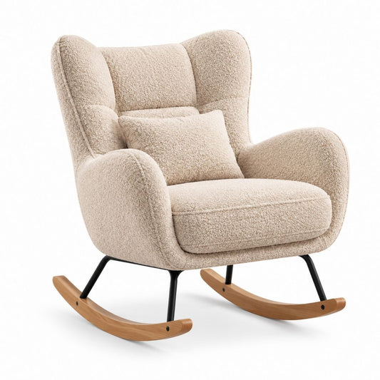 Fauteuil à bascule enveloppant beige en bouclette polyester avec piètement en acier et patins en hêtre 80 x 92 x 101 cm