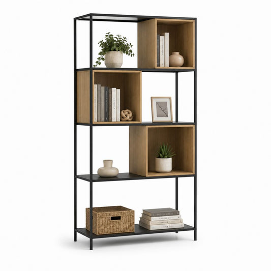 Bibliothèque 7 cases en panneaux de particules décor noyer et acier noir 80 x 30 x 180 cm