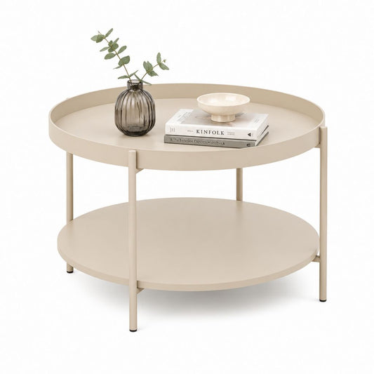Table basse ronde beige en acier Ø80 x H45 cm avec plateau inférieur