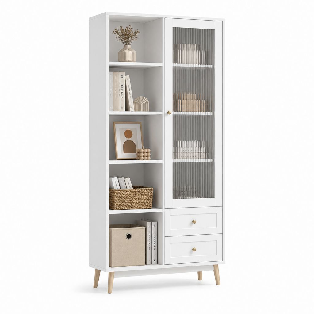 Bibliothèque haute blanche en panneaux MDF avec porte en verre strié 80 x 35 x 180 cm