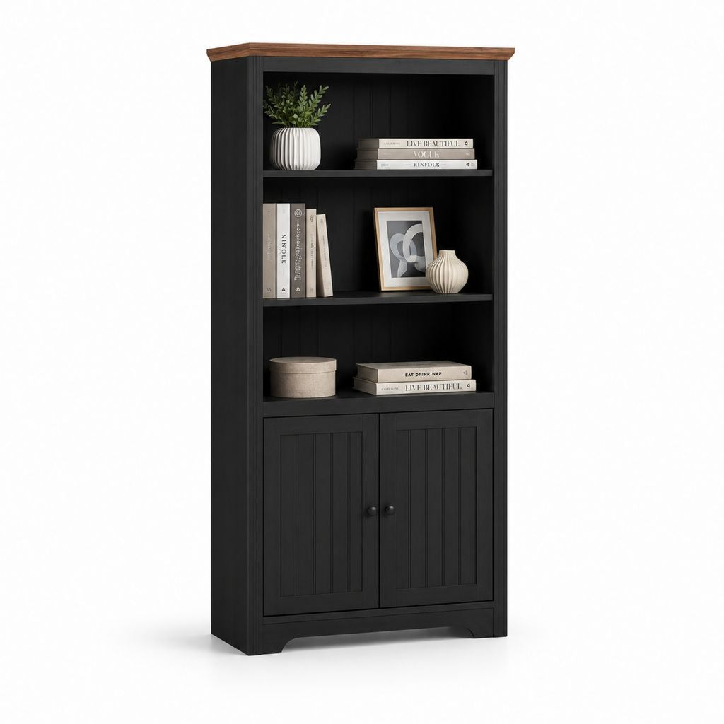 Bibliothèque haute noire en panneaux MDF avec corniche brun noyer 90 x 40 x 180 cm