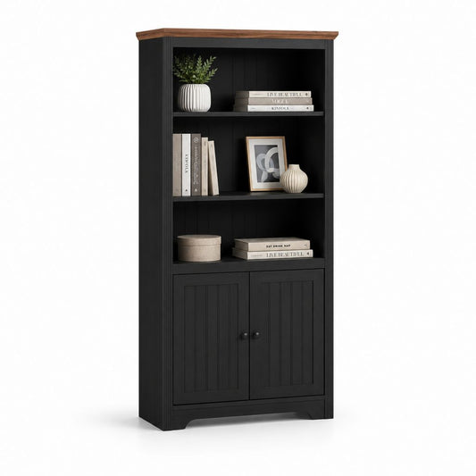 Bibliothèque haute noire en panneaux MDF avec corniche brun noyer 90 x 40 x 180 cm