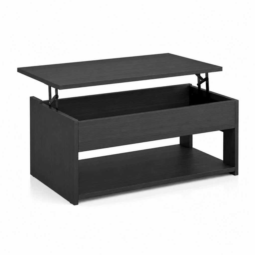 Table basse relevable noire en panneaux de particules rectangulaire avec rangement 100 x 50 x 43 cm